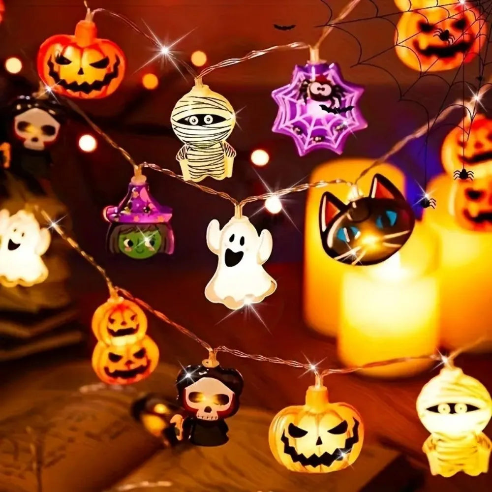 1pcs Halloween LED String Lights Ghost Witch Cat Pumpkin Spider Web Hanging Lamp